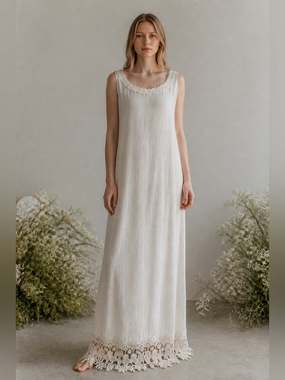 Vintage Cream Slip Maxi Dress with Lace Trim -  Boho Style